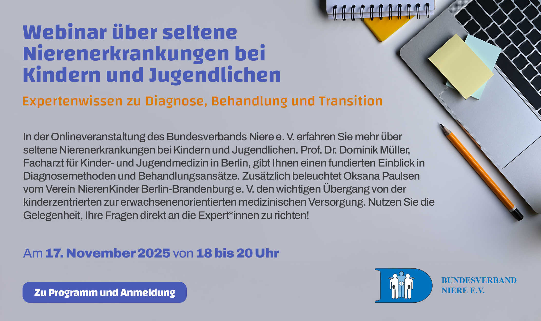 Ankündigung Webinar über seltene Nierenerkrankungen bei Kindern und Jugendlichen.  