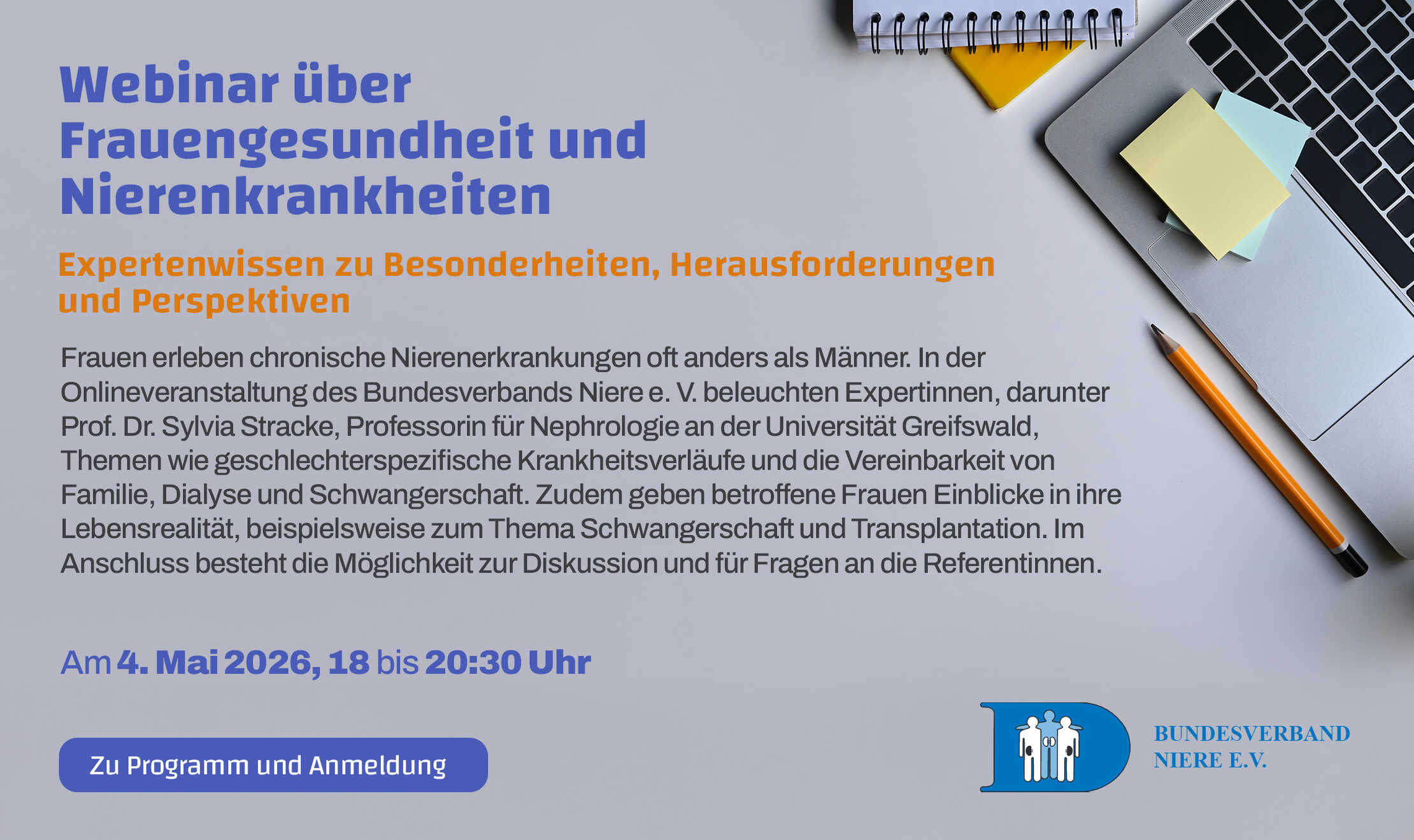 Ankündigung Webinar über Frauengesundheit und Nierenkrankheiten.