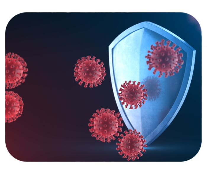 Immunabwehr: Komplementfaktoren  Schutzschild. Davor schematische Darstellung von mehreren roten Viren.