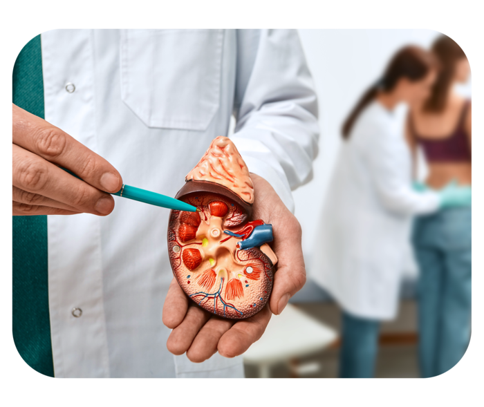 Ein Arzt zeigt mit einem Stift auf ein Modell einer Niere, im Hintergrund untersucht eine Ärztin den Lendenbereich einer Frau.