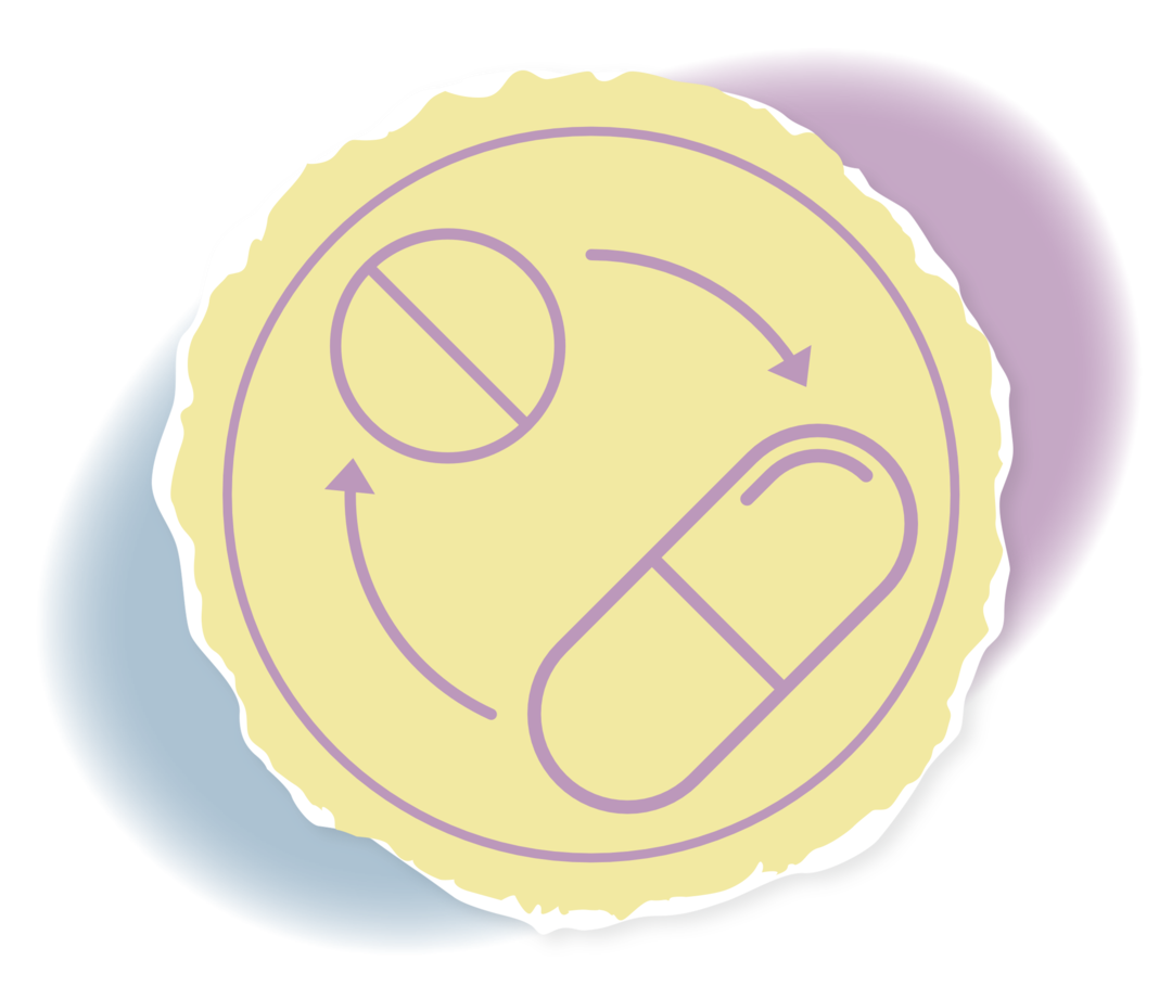 Icon: Wechselwirkung mit anderen Arzneimitteln Ein Pfeil zeigt von einer Tablette auf eine Medikamentenkapsel und andersherum.