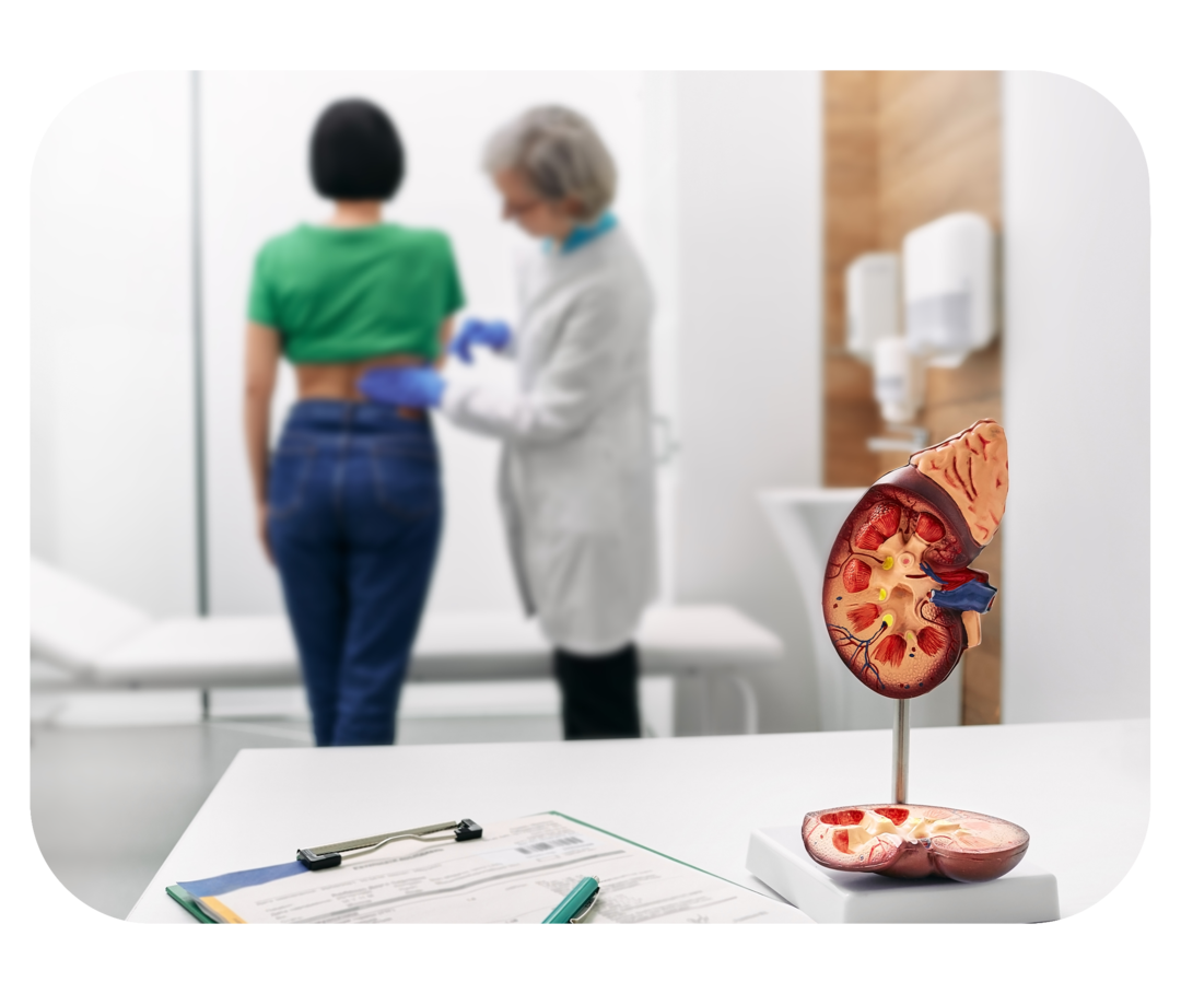 Im Vordergrund das Modell einer Niere. Im Hintergrund eine Frau in weißem Kittel, die den unteren Rücken einer Frau untersucht.