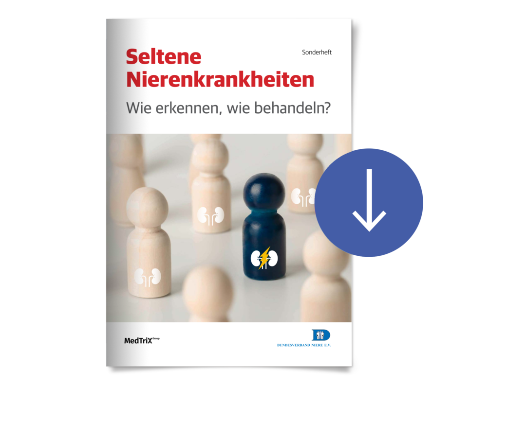 Sonderheft Vorschaubild für den Download des Sonderhefts „Seltene Nierenerkrankungen – Wie erkennen, wie behandeln?“