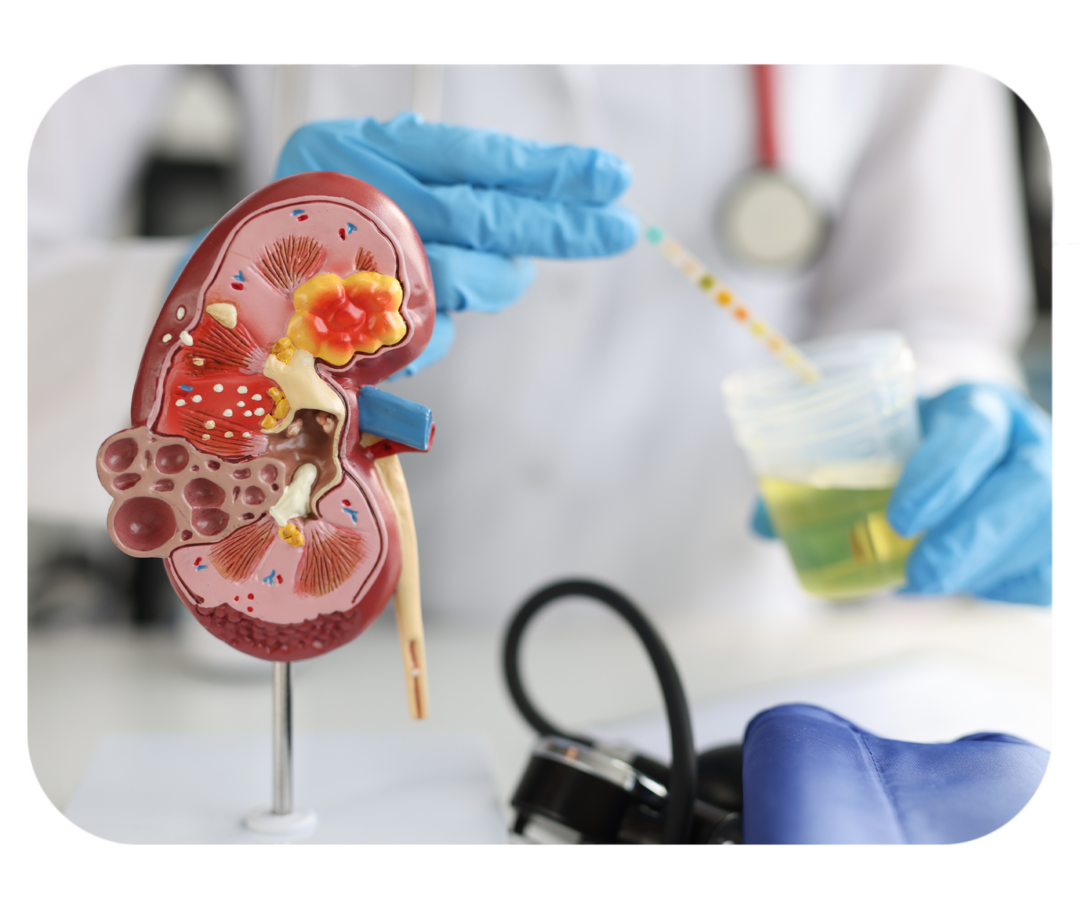 Modell einer Niere. Im Hintergrund Hand einer Person, die einen durchsichtigen Becher in der Hand hält. In der anderen Hand einen Urinteststreifen.