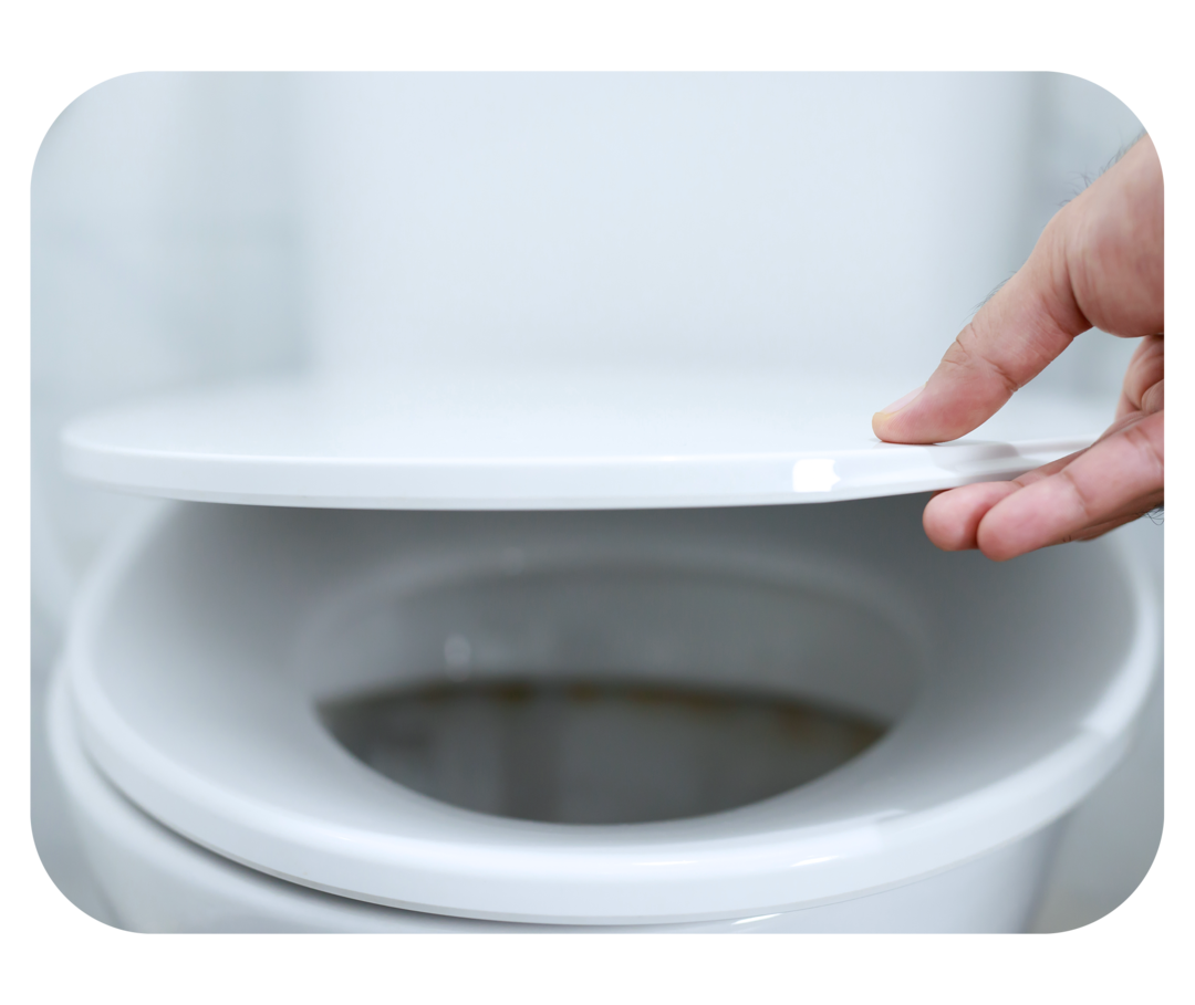 Eine Hand öffnet einen Toilettendeckel. 