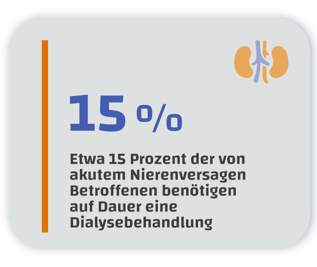 Infografik mit dem Text: Etwa 15 Prozent der von akutem Nierenversagen Betroffenen benötigen auf Dauer eine Dialysebehandlung.