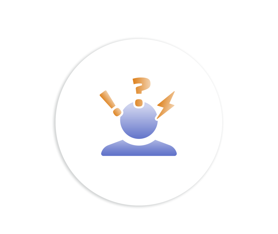 Schematische Darstellung eines Kopfes mit Ausrufezeichen, Fragenzeichen und einem Blitz.