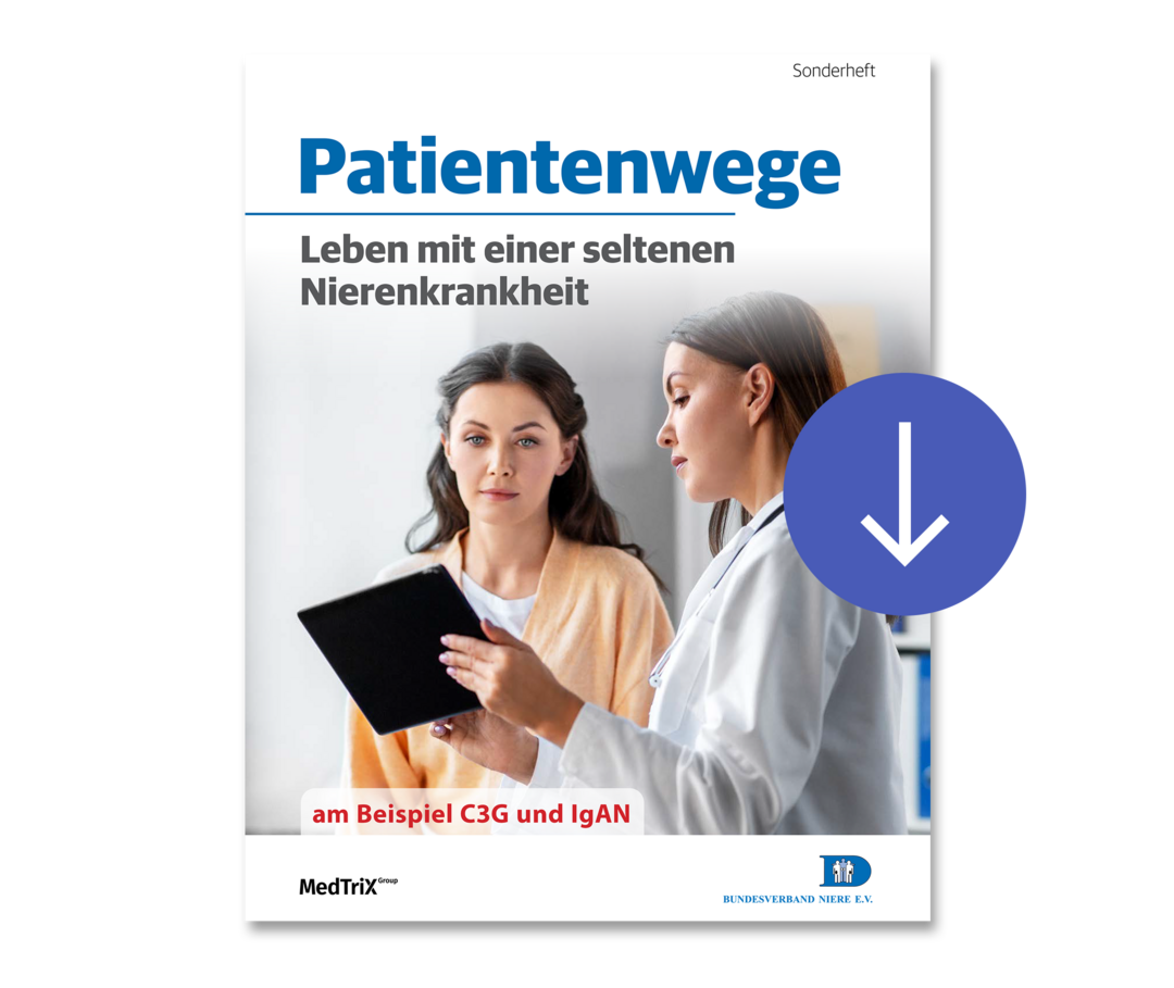 Erste Seite des PDFs 'Patientenwege: Leben mit einer seltenen Nierenkrankheit'.